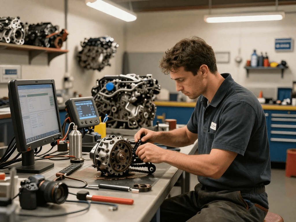 Beim BMW Steuerkette wechseln in der Werkstatt zeigt ein Mechaniker Fachkompetenz und Präzision.