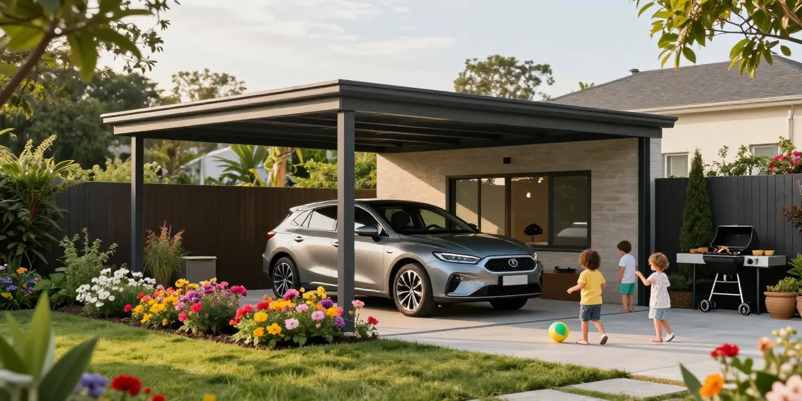 Moderner Carport schützt Fahrzeuge in einem einladenden Garten mit spielenden Kindern.