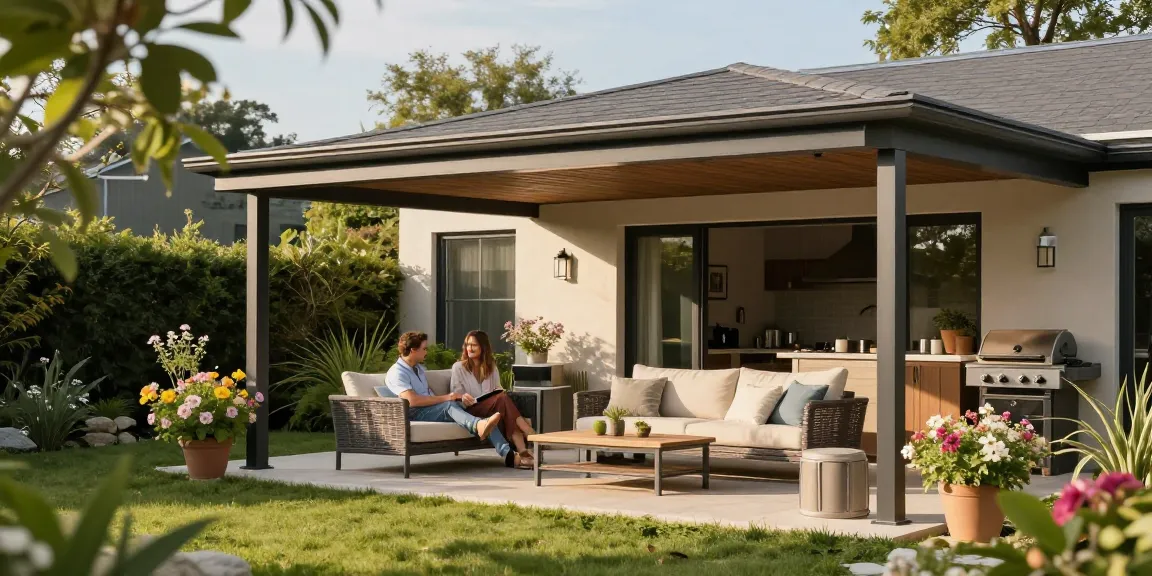 Freistehende Terrassenüberdachung im Garten, gemütliche Atmosphäre mit Blumen und Möbeln.