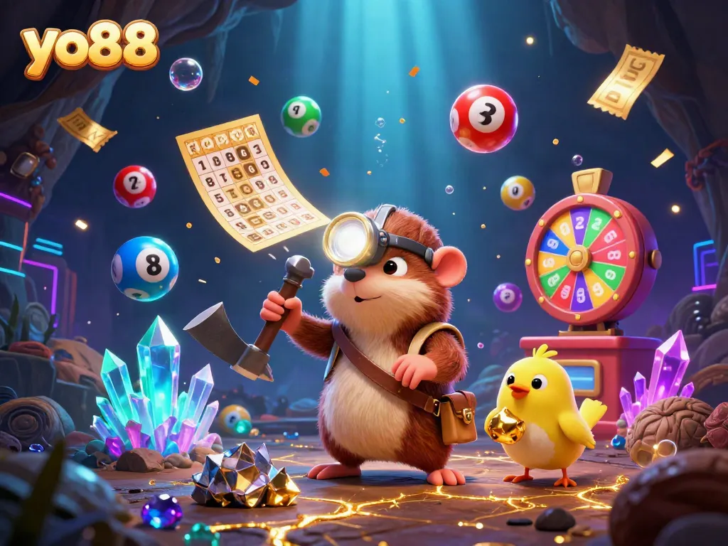 Join the exciting adventure with yo88 as our treasure hunter explores a sparkling cave filled with prizes.