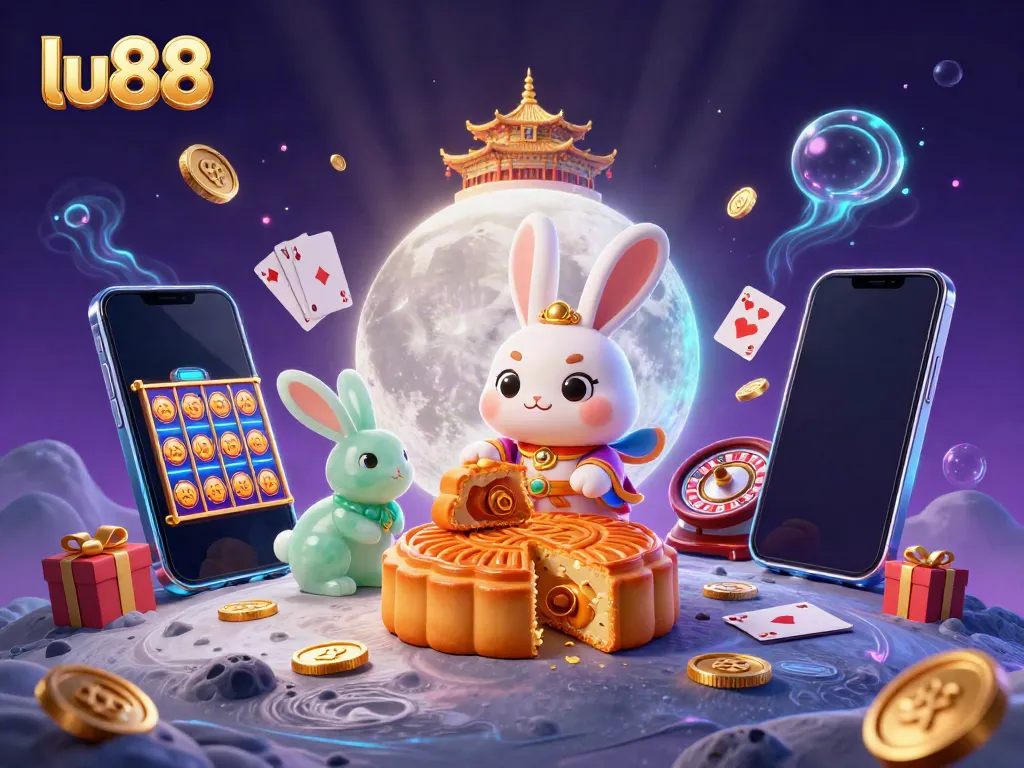Experience the excitement of gambling with LU88's vibrant and dynamic casino scene featuring a moon rabbit.