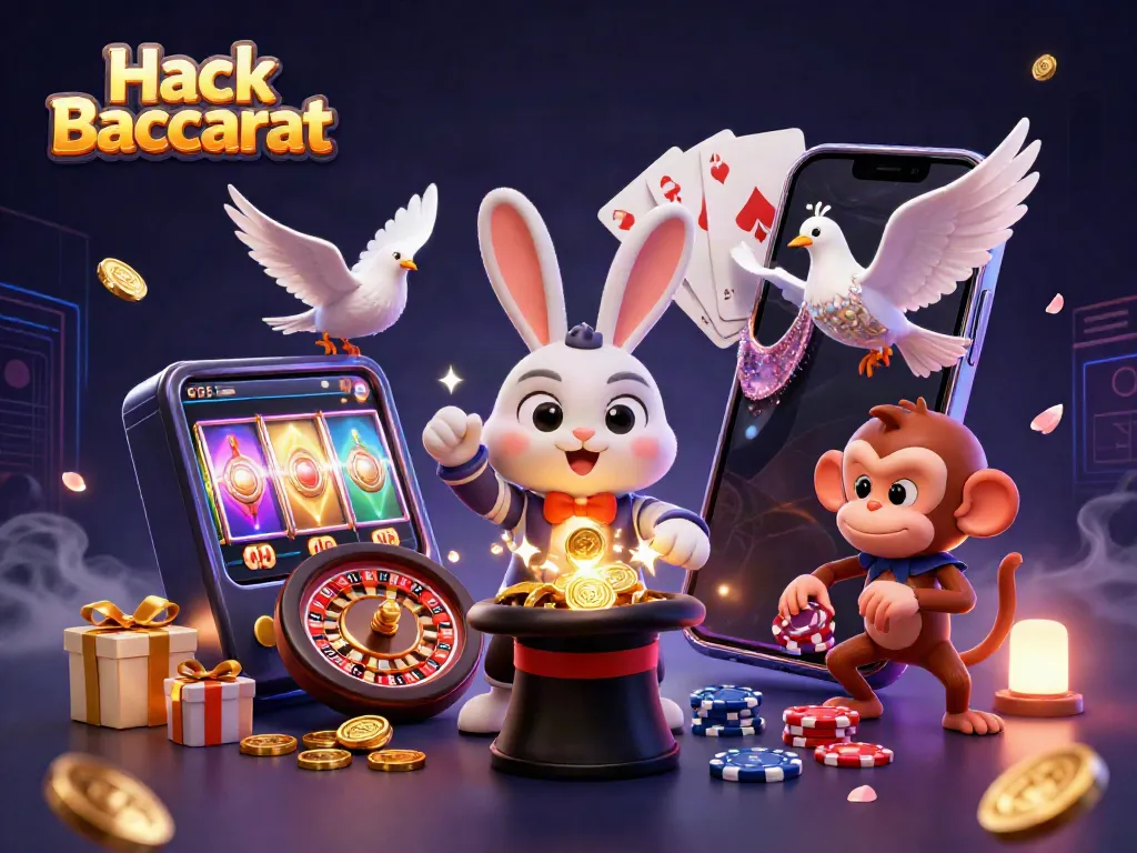 Experience the thrill of Hack Baccarat with a magician rabbit, assistant dove, and playful monkey, surrounded by casino elements.
