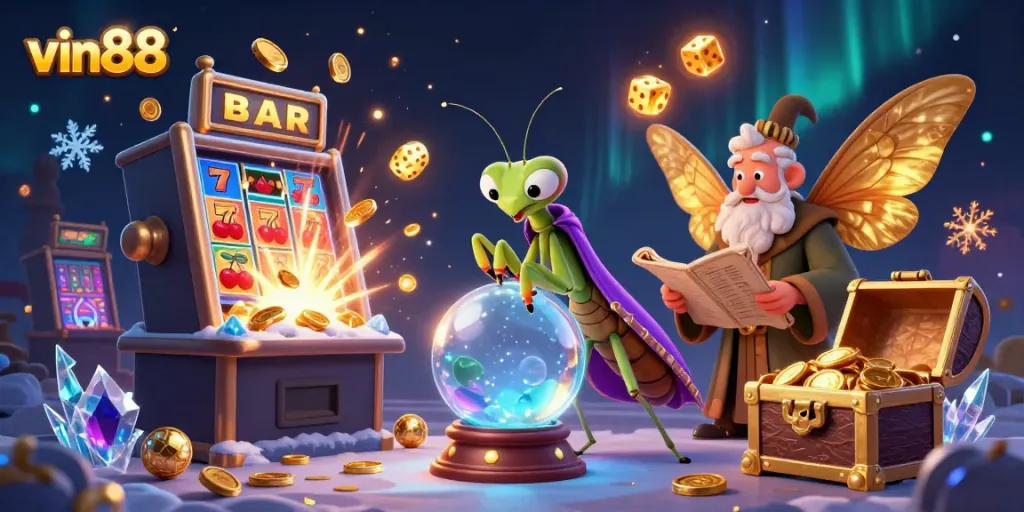 Experience thrilling wins at vin88 with a vibrant 3D casino scene, featuring dynamic game elements and mystical characters.