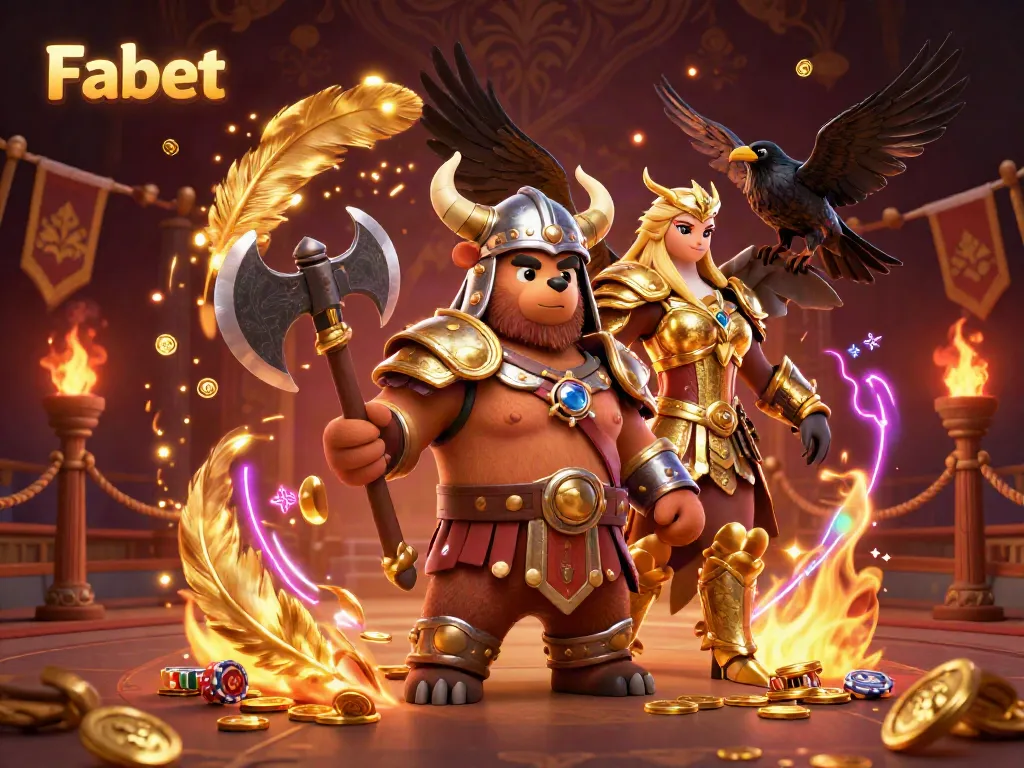 Engage with Fabet's thrilling gaming scene featuring a Viking berserker and Valkyrie, immersed in a rich gambling arena.