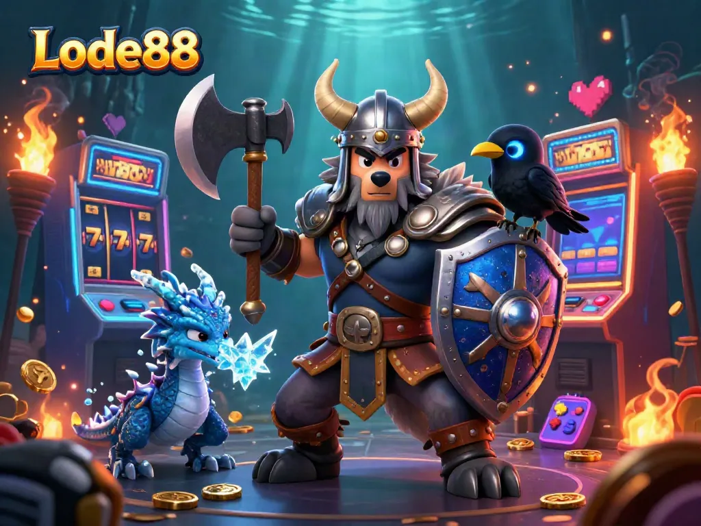 Experience thrilling moments with vibrant slot games at Lode88 in this dynamic 3D scene.