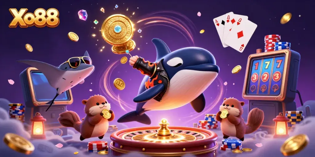 Xo88 captures a thrilling casino scene with lively characters and vibrant games, showcasing excitement and rewards.