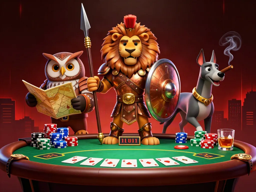 DA88 casino showcases a vibrant 3D scene with a Spartan lion and poker elements, creating excitement for players.