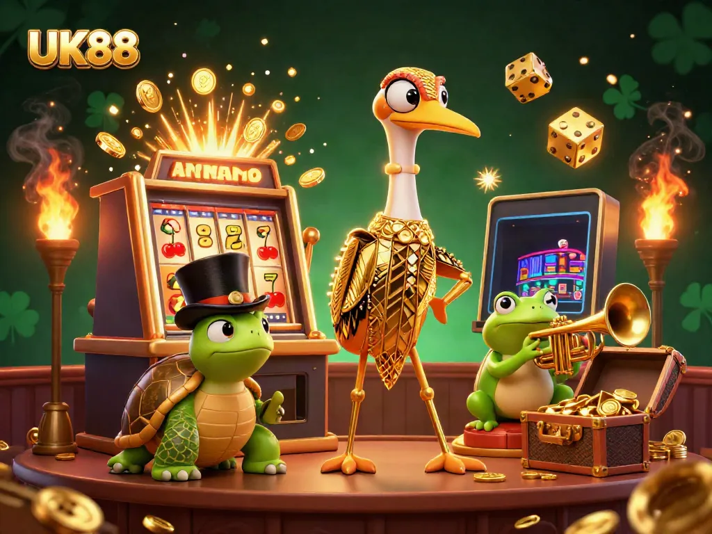 Engage with UK88's vibrant 3D casino illustration featuring characters in a dynamic gaming scene.