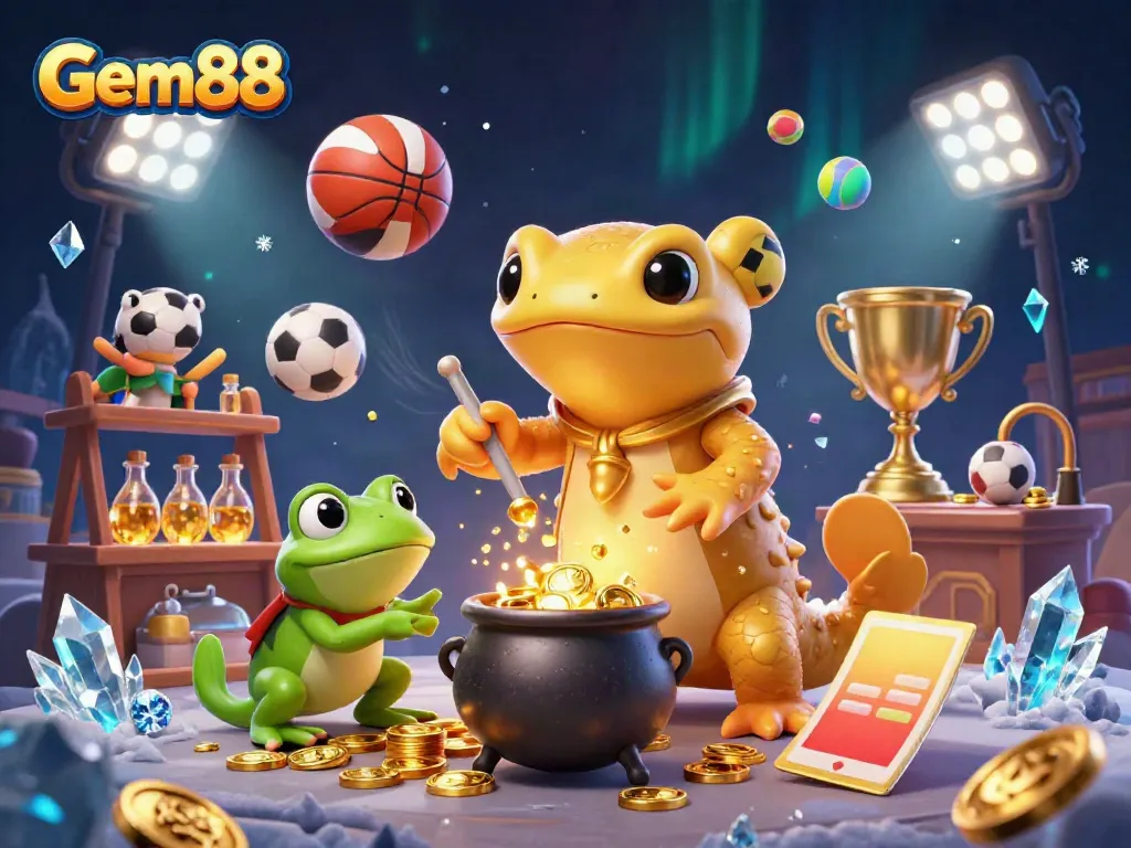 Gem88 showcases a vibrant 3D scene of an alchemist turning base metals into gold, surrounded by sports betting elements.
