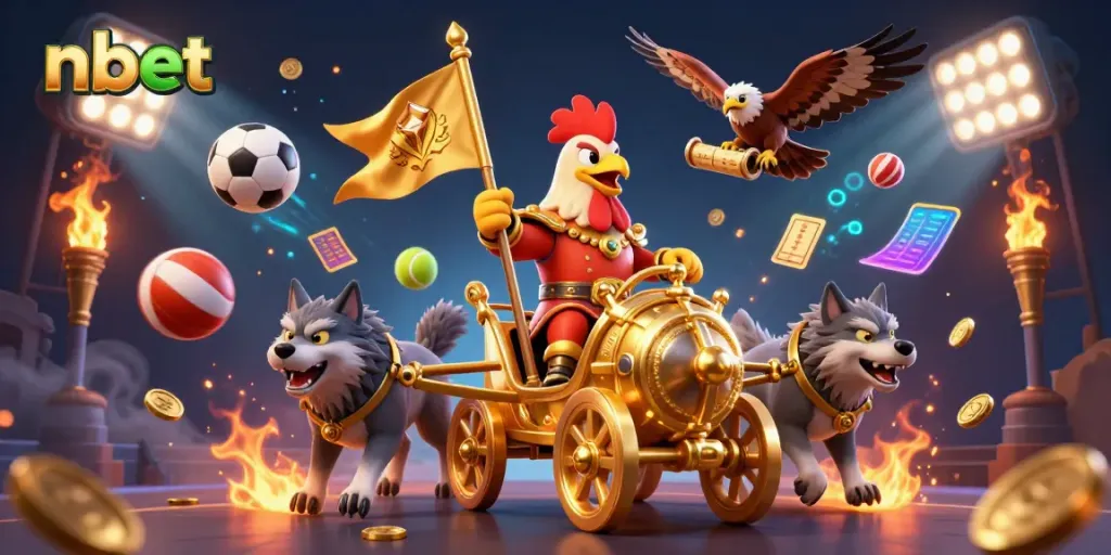 Engage with nbet’s dynamic gaming world, featuring a rooster warlord and intense sports elements.