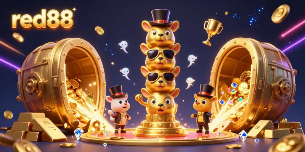 Experience the vibrant excitement of red88 casino with golden treasures and lively totem characters.