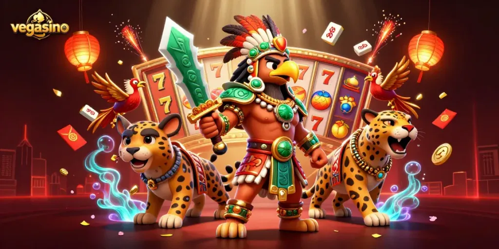 Win big at vegasino with an exciting casino scene featuring slot reels and dynamic game elements.