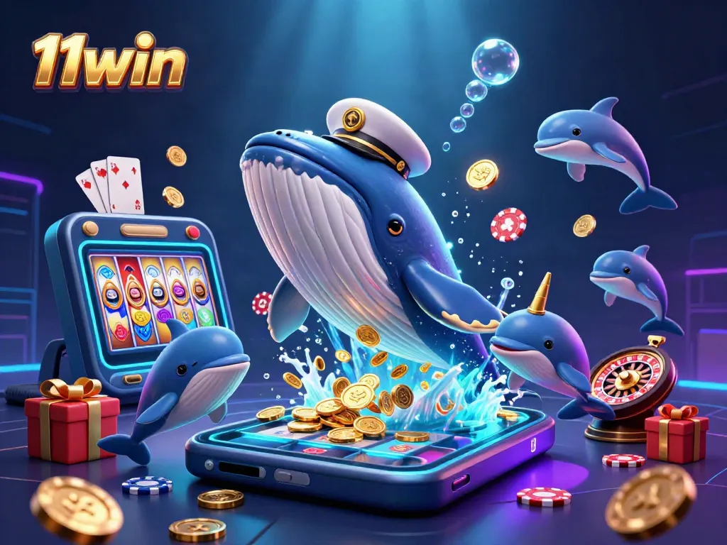Playful casino scene featuring 11win's whale and narwhal amidst colorful gaming elements, sparking excitement.
