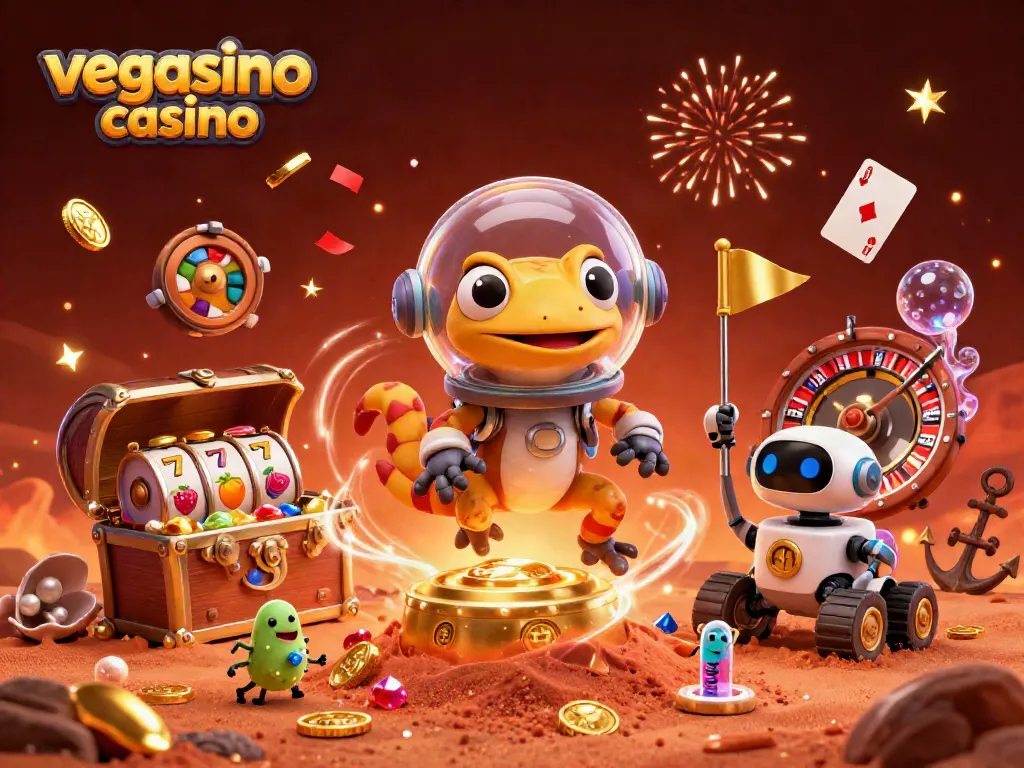 Experience the thrill of vegasino casino with an exciting 3D scene celebrating winning elements.