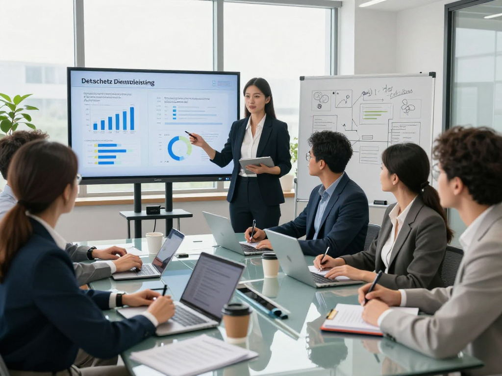 Professionelles Team in einem modernen Büro bei der Präsentation von Datenschutzdienstleistungslösungen.