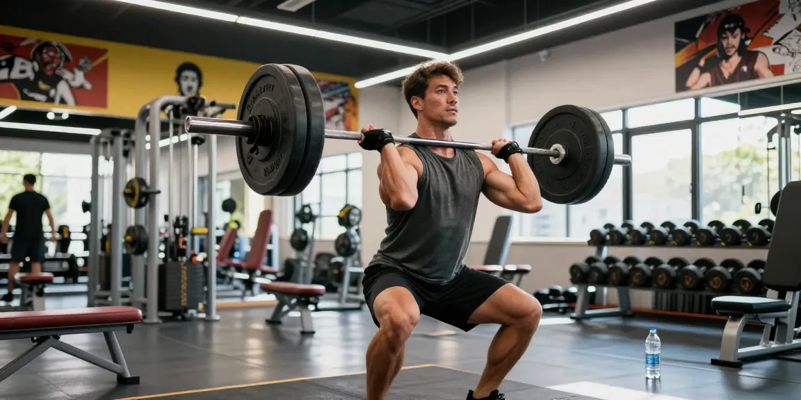 Steroidshop - Bodybuilder hebt Gewichte im Fitnessstudio, motivierende Atmosphäre mit Fitnessgeräten und Wasserflasche.