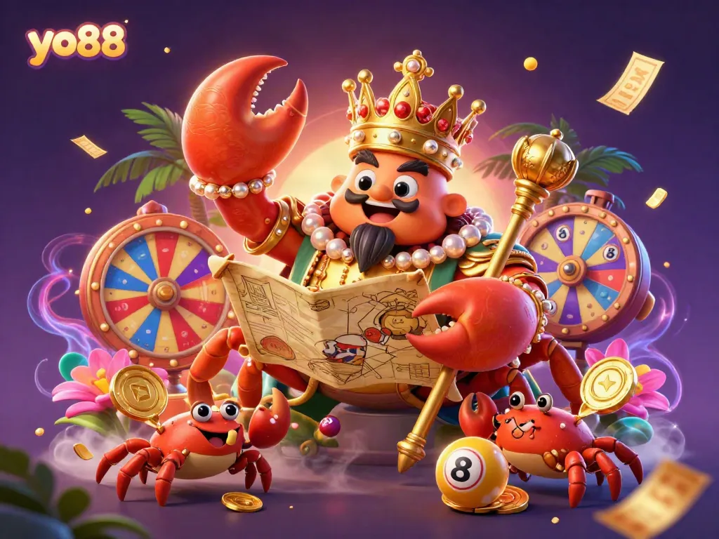 Experience the vibrant world of yo88 with a golden crab emperor, colorful lottery balls, and gaming excitement.