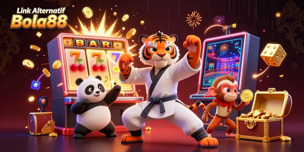 Engage with the vibrant Link Alternatif Bola88 scene featuring a kung fu tiger, panda, and monkey amidst jackpot winnings.