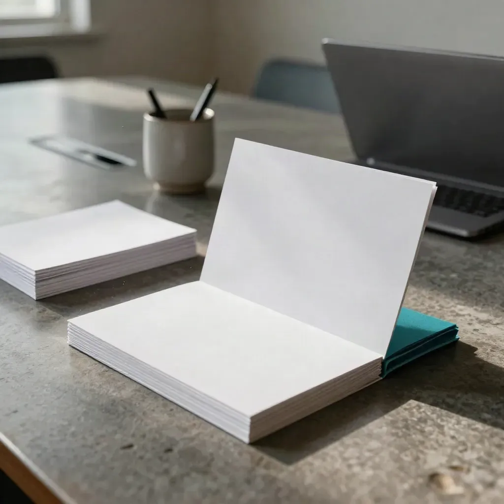 Workshop-Bundle mit Karten, Papierseiten, Stiftebecher und Laptop im Konferenzraum.
