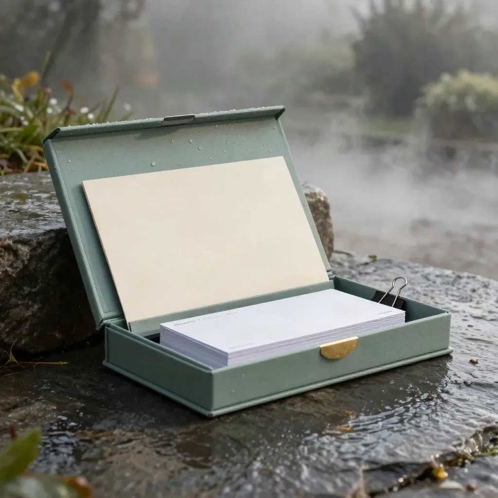 SEO-Audit-Kit in einer hellen Box auf nassem Stein im Morgenlicht