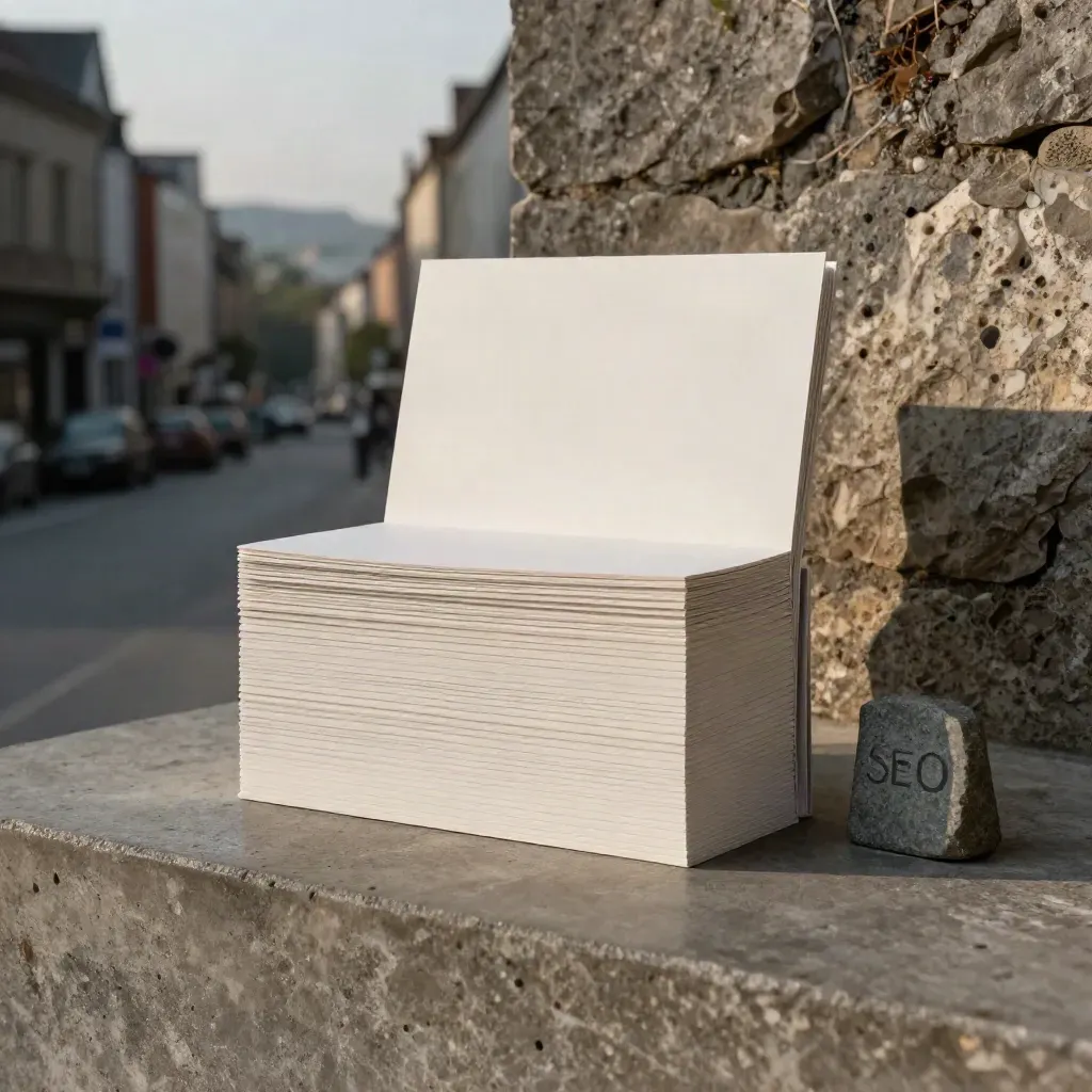 Lokales SEO-Kit als Kartenblock mit Steinmarker vor urbanem Hintergrund.