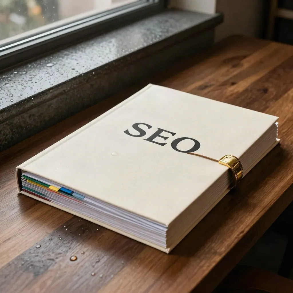 SEO-Startpaket auf warmem Holz mit Audit-Mappe, Keyword-Karten und versiegeltem Umschlag im Sonnenlicht.
