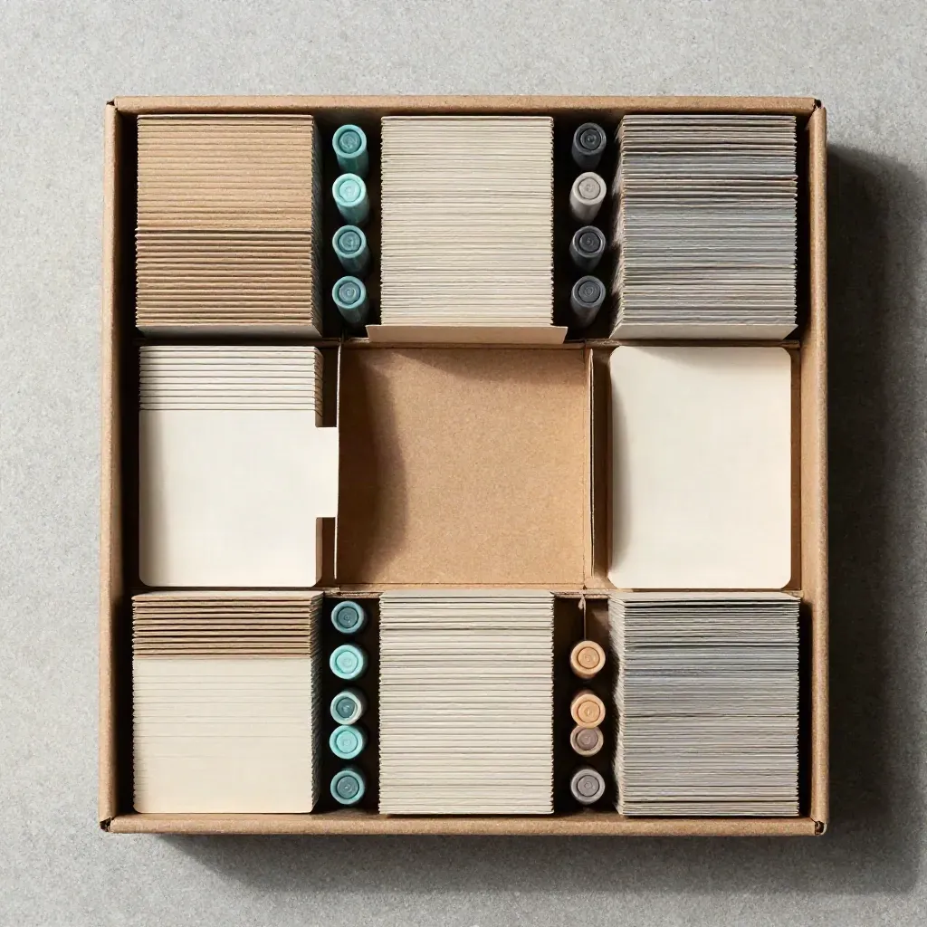 Keyword-Plan-Box mit Tabkarten und Markerhauben auf hellem Papierboard, von oben fotografiert