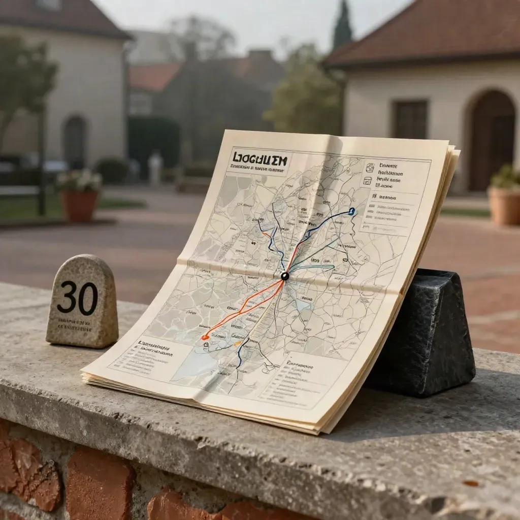 Local-SEO-Maps-Paket an einer Betonbrüstung im ruhigen Innenhof, im Abendlicht.