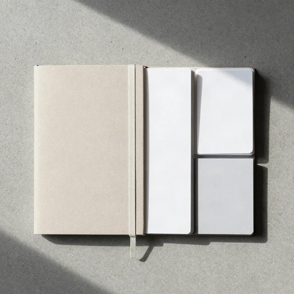Flache SEO-Session mit Notizbuch, Tabkarten und Umschlag auf hellem Beton.
