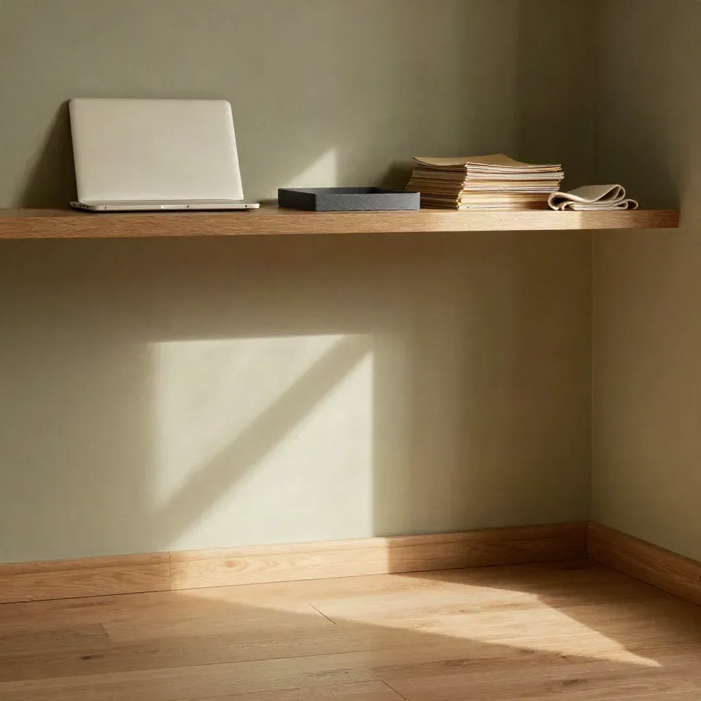 Warme SEO-Ecke mit Eiche, Putzwand und Staublicht, oben Regalleiste mit Arbeitsobjekten.