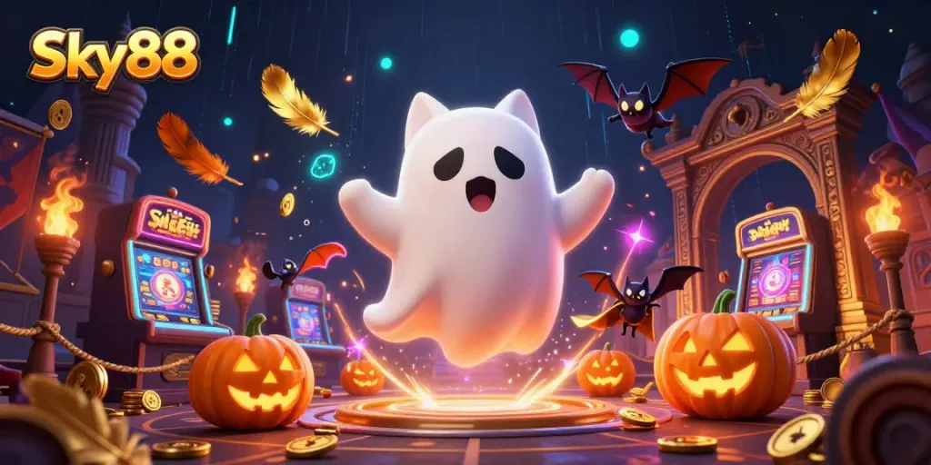 Experience thrilling gameplay with Sky88 as a friendly ghost cat navigates a haunted casino world.