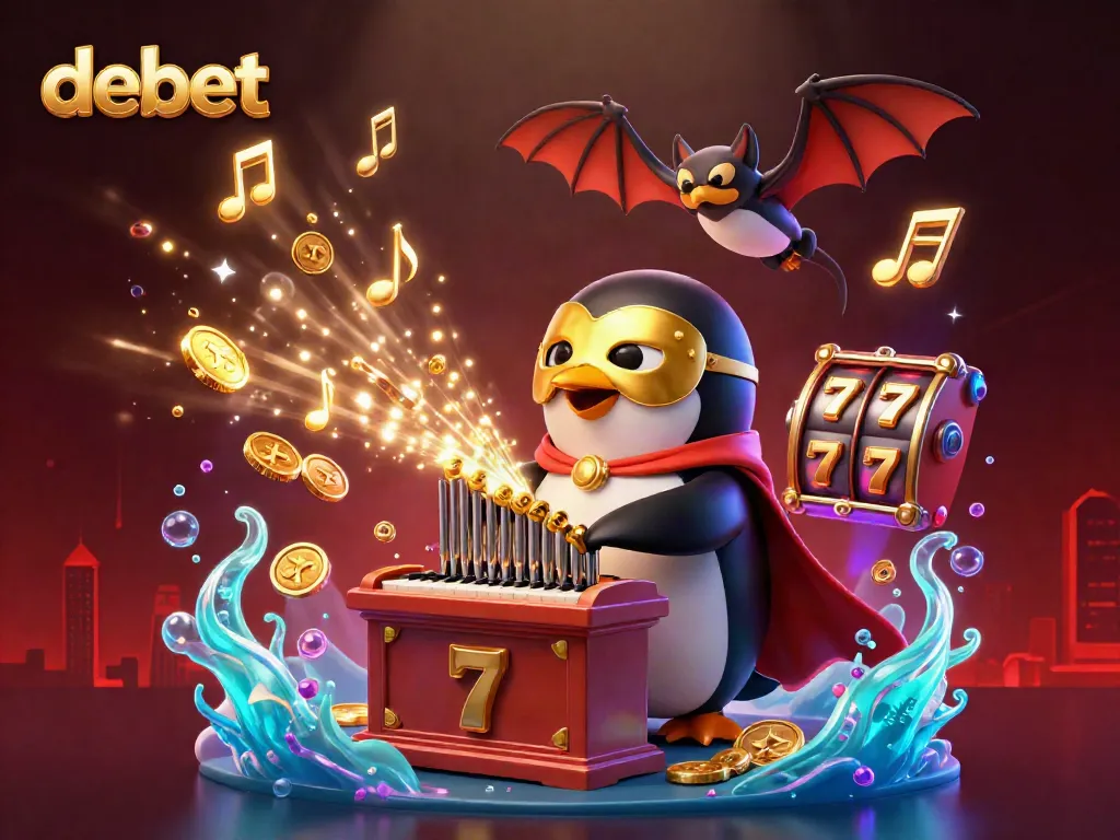 Engage with debet's thrilling 3D illustration showcasing a penguin in a golden mask playing, winning coins fly around.