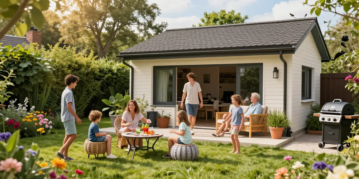 Garten Haus im Garten mit Familie, entspannte Atmosphäre und Spielmöglichkeiten für Kinder.