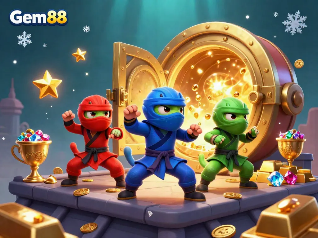 Experience Gem88 with ninja chameleons in action, surrounded by treasure in a vibrant casino scene.