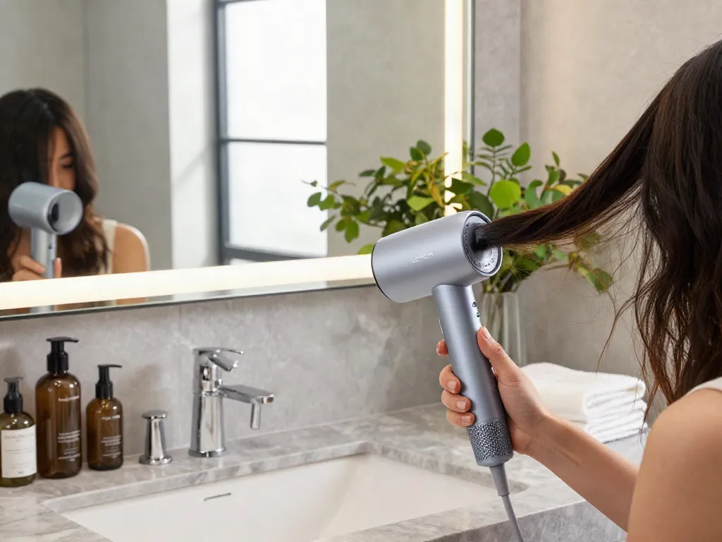 Eine Person benutzt den Laifen Fön im eleganten Badezimmer mit luxuriösem Ambiente.