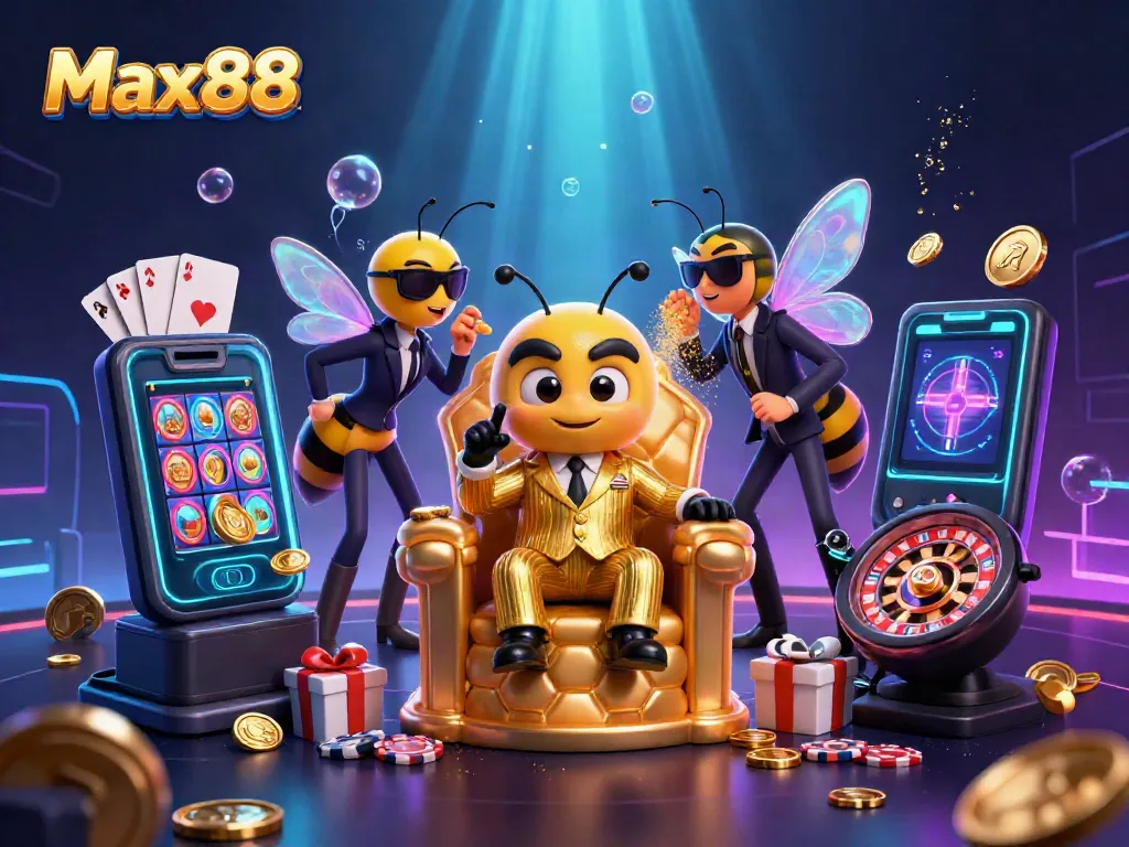 Max88 buzzes with excitement as the cartoon mob boss commands a vibrant casino scene filled with gaming action.
