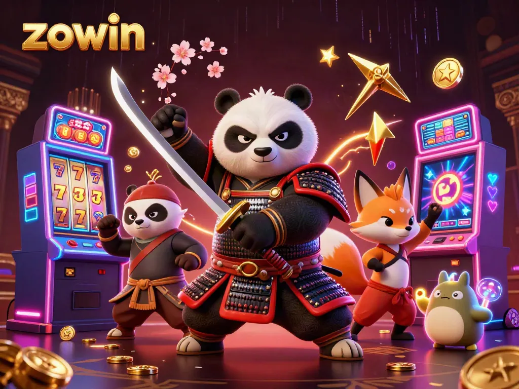 Zowin features an epic scene with a samurai panda, ninja fox, and animated casino elements.