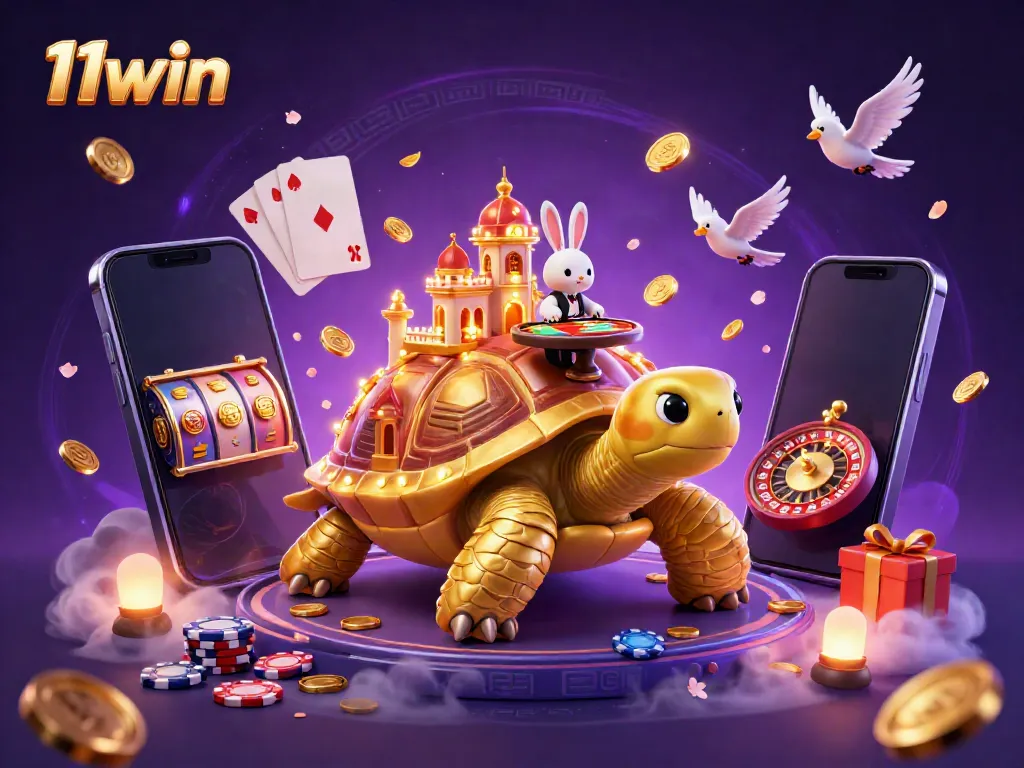 Experience exciting moments at 11win casino with gold coins, vibrant games, and a lively tortoise backdrop.