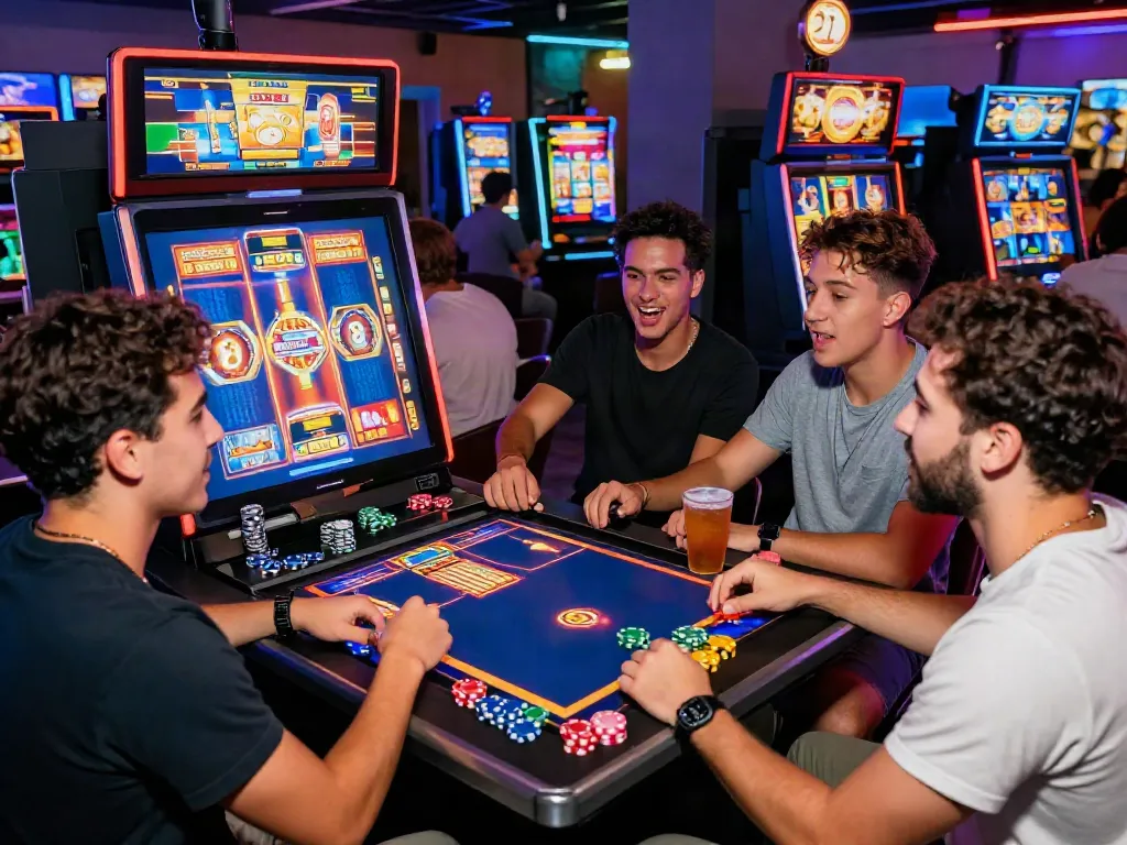 Excited friends enjoying rokok88 slot in a vibrant gaming lounge.
