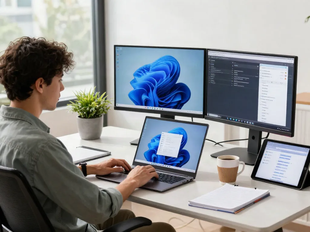 Arbeiten mit Windows 11 Home auf einem modernen Schreibtisch in hellem Home Office.