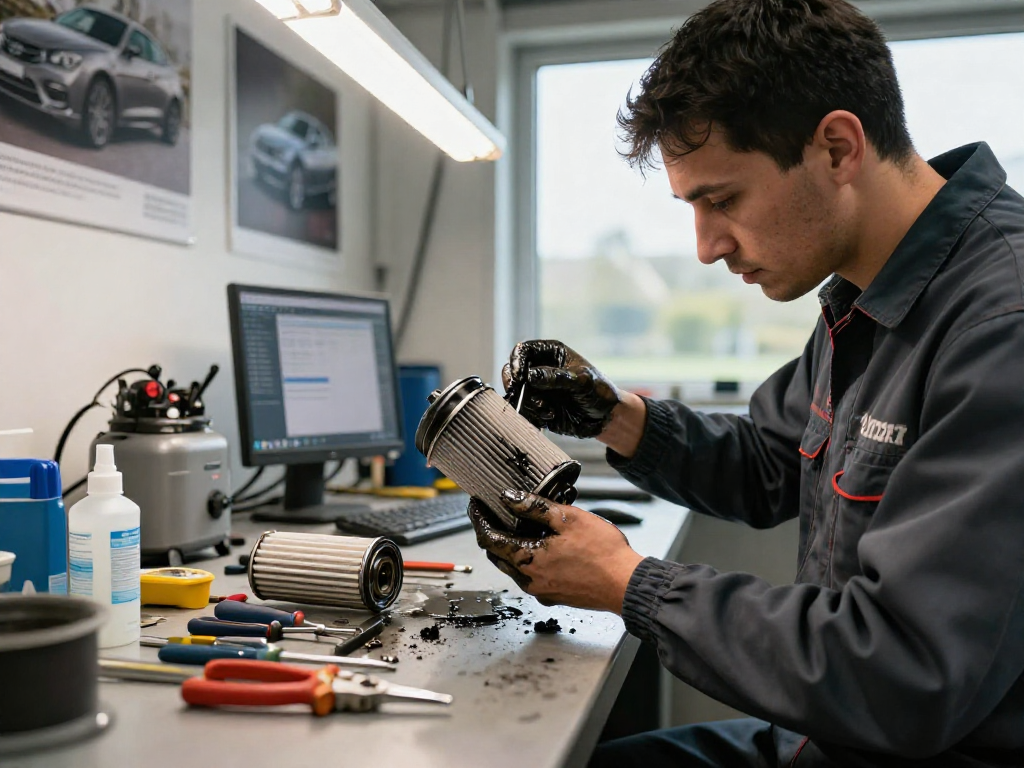 Techniker bei der DPF-Reinigung in Laatzen, Werkstatt mit Werkzeugen und gutem Licht.