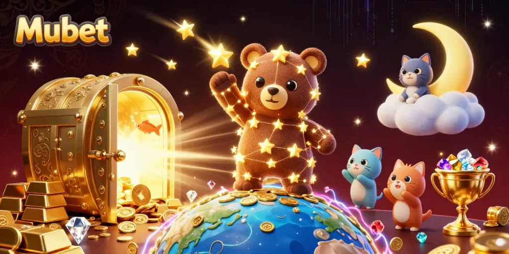 Engage in the thrilling world of Mubet as a constellation bear scoops coins, surrounded by treasures and display elements.