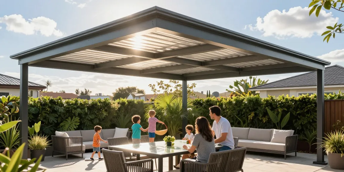 Moderne Terrassenüberdachung in einem Garten mit Familie und Kindern.