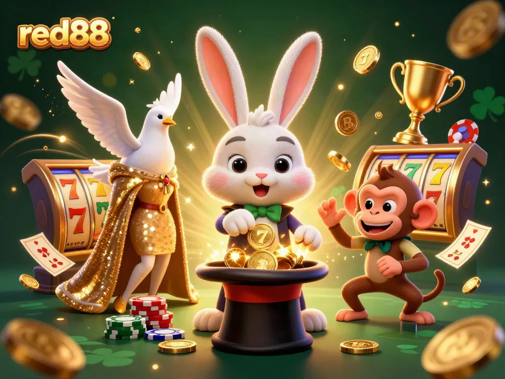 Win big with red88 as a magician rabbit conjures coins, surrounded by casino elements.