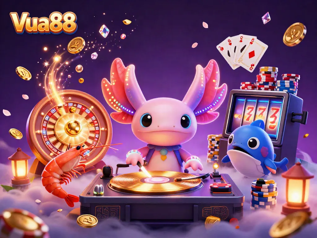 Experience exciting gameplay at Vua88 with vibrant scenes of a DJ axolotl, dancing shrimp, and game elements.
