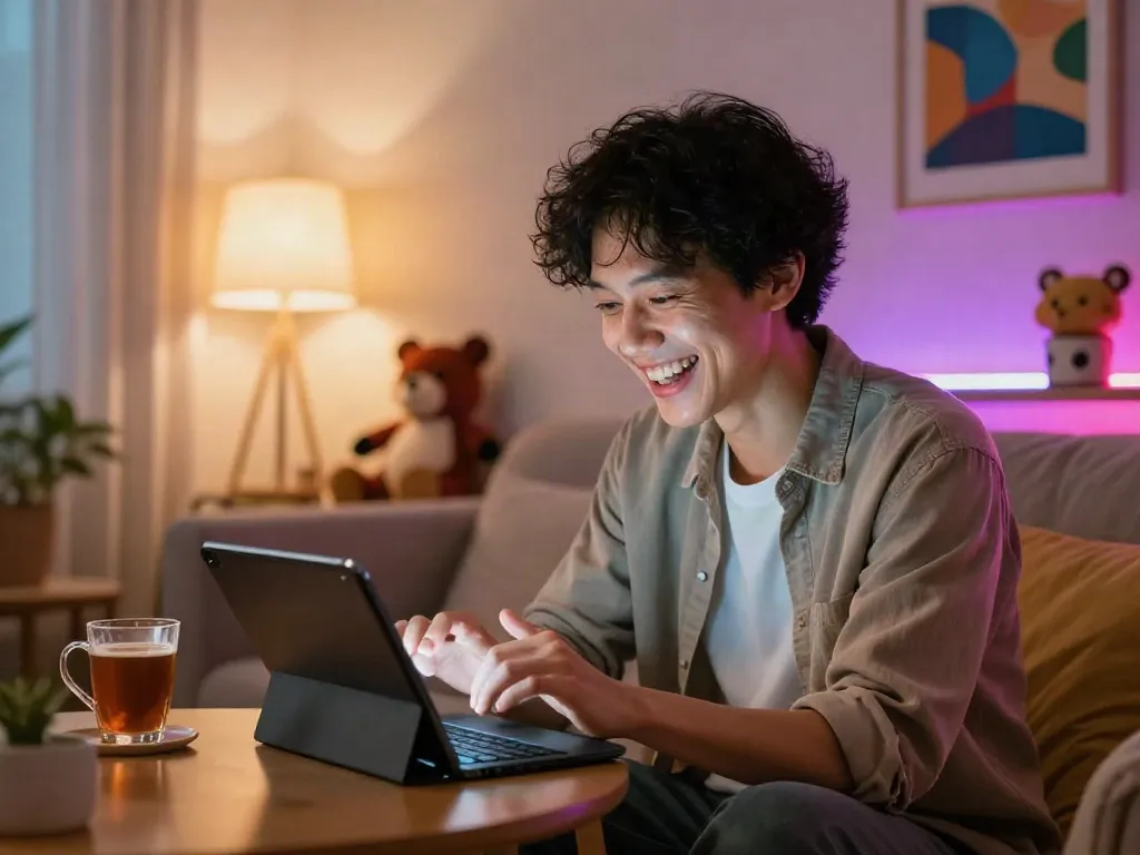 Engaging spicy AI chat experience in a cozy, vibrant living room.