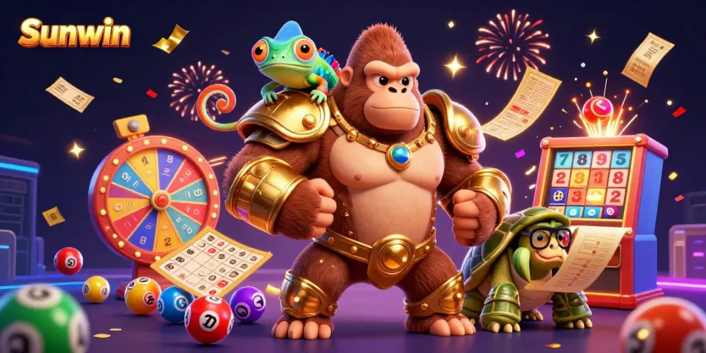 Experience the excitement of Sunwin with engaging characters and dynamic gaming elements in a colorful casino scene.