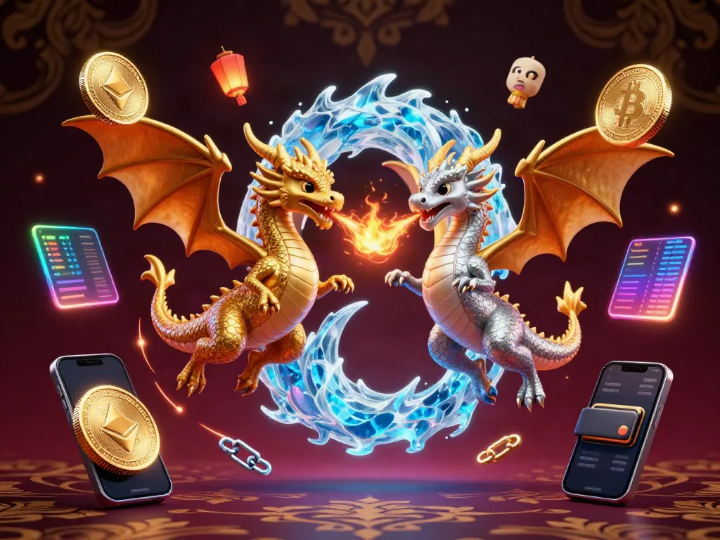 Experience thrilling gaming with fc88v1 as gold and silver dragons create dynamic fire and ice effects, showcasing a vibrant scene filled with cryptocurrency elements.