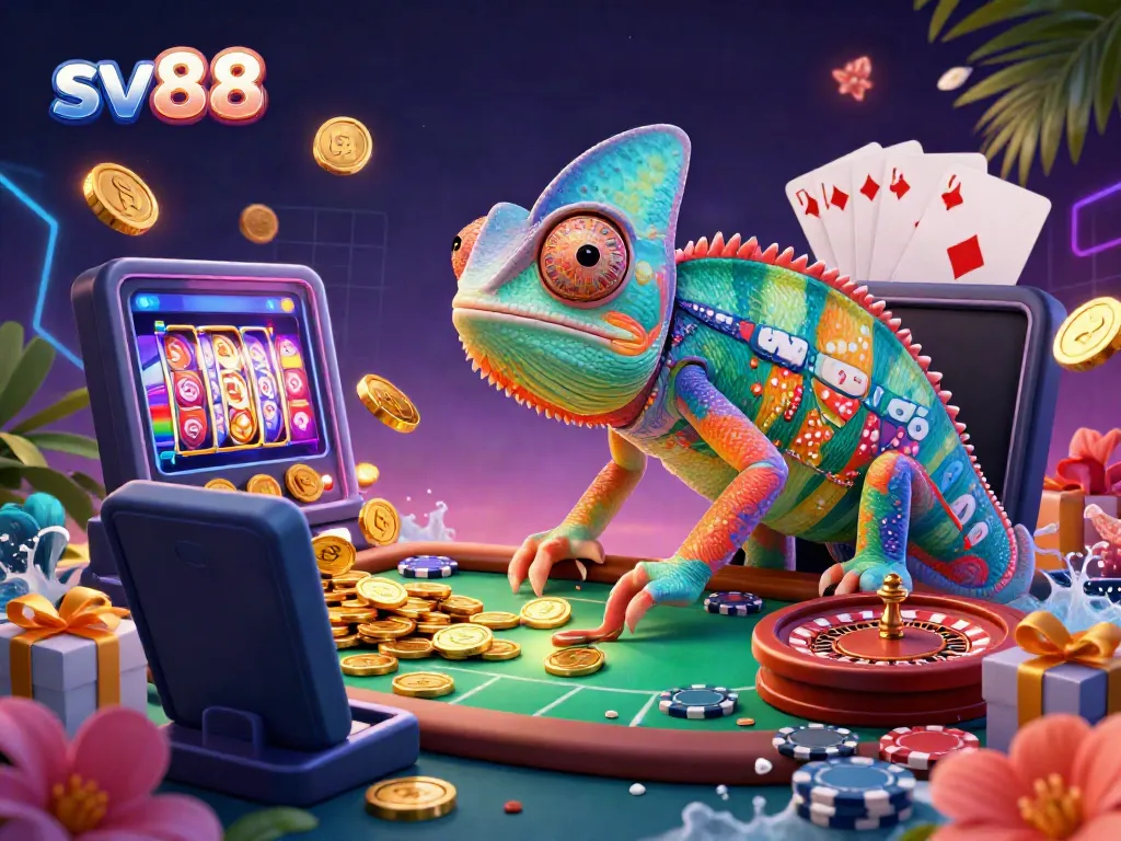 Experience the vibrant world of sv88, where a chameleon owner catches golden coins amidst dynamic casino elements.