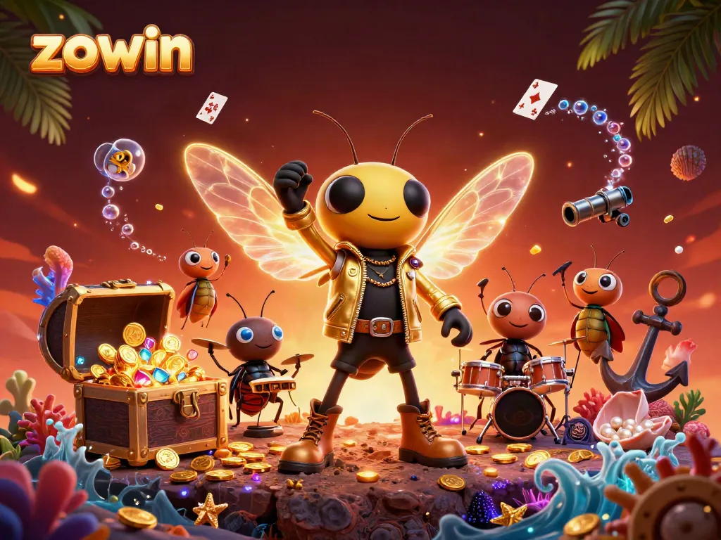 Experience the thrill of ZOWIN with dynamic casino characters amidst treasures and vibrant gameplay elements.